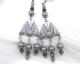 Gray Pearl Chandelier Earrings, Edgy Goth Jewelry, Medieval Historic Period Wedding Bride, Dark Academia, Goth Girl Style, Dramatic Silver