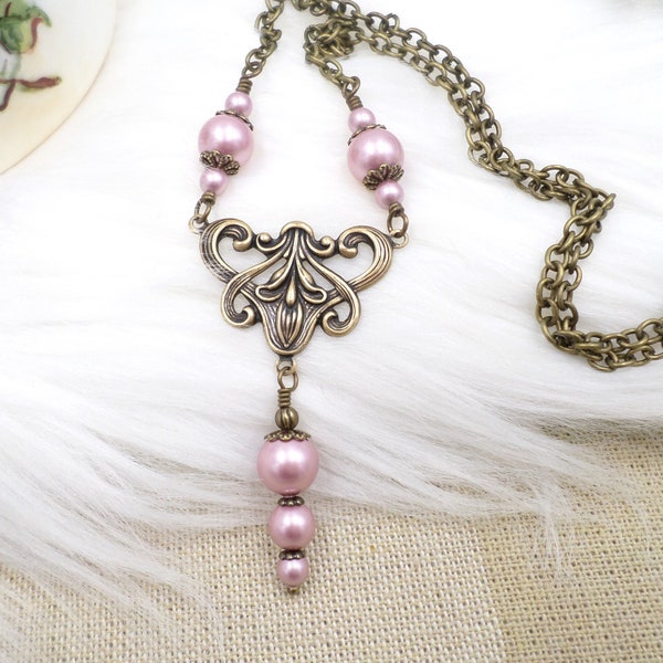 Art Nouveau Necklace, Pink Pearl Necklace, Vintage Reproduction Jewelry, Ren Faire Cosplay, Softcore Aesthetic, Floral Edwardian Baroque