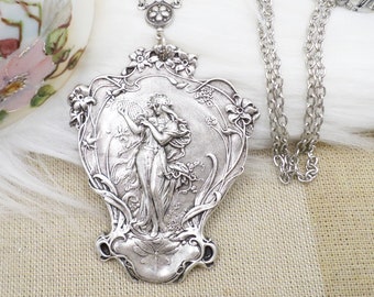 Romantic Silver Plated Goddess Necklace, Art Nouveau Lady Pendant, Alphonse Mucha Style Jewelry Mom Wife Gift, Angelcore Statement Necklace