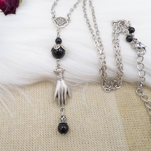 Victorian Hand Necklace: Silver Glove, Black Crystal, Dark Academia Jewelry
