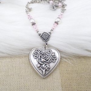 Silver Heart Locket Necklace, Pink White Accents, Coquette Necklace, Girly Feminine, Lovecore Romantic Academia Gift, Valentine's Day Gift