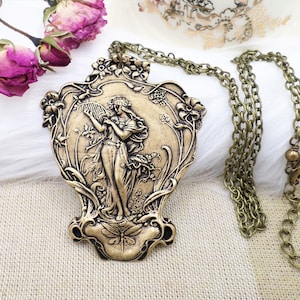 Art Nouveau Brass Harp Necklace: Alphonse Mucha Style Floral Pendant