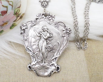 Romantic Silver Plated Goddess Necklace, Art Nouveau Lady Pendant, Alphonse Mucha Style Jewelry Mom Wife Gift, Angelcore Statement Necklace