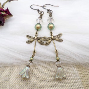 Dragonfly Earrings, Iridescent Czech Flower Dangle, Green Pearl Insect Cottagecore, Coquette Aesthetic Gifts, Whimsical Fun, Light Academia