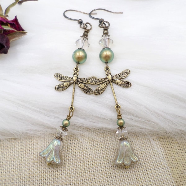 Dragonfly Earrings, Iridescent Czech Flower Dangle, Green Pearl Insect Cottagecore, Coquette Aesthetic Gifts, Whimsical Fun, Light Academia