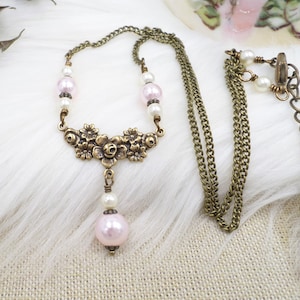 Pink Pearl Necklace: Brass Flower Pendant, Balletcore Jewelry