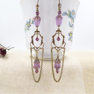 Victorian Chandelier Earrings, Purple Czech Glass Flower, Renaissance Jewelry, Romantic Academia, Ren Faire Cosplay, Baroque Tudor, Mom Gift