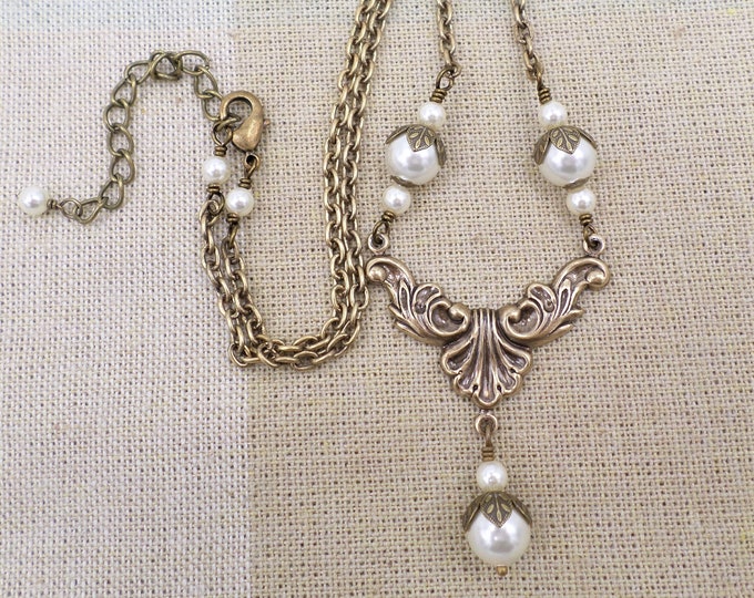 Art Nouveau Brass Necklace With Cream Pearl Accents, Victorian Necklace ...