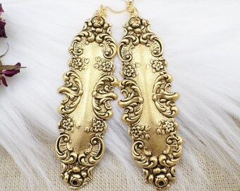 BIG Gold Brass Filigree Victorian Style Earrings, Floral Metal Large Drop Dangles, Royalcore Aesthetic, Romantic Academia, Grandmacore Gift