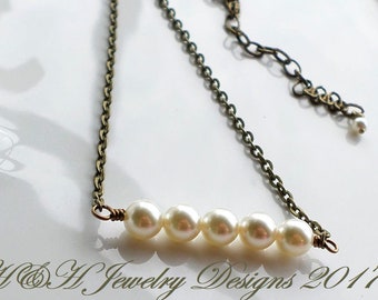 Cream Pearl Brass Bar Necklace, Antique Brass Boho Bridal Necklace, Country Wedding Necklace, Brass Pearl Necklace, Swarovski Cream Pearls