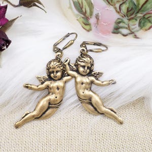 Angel Cherub Earrings Antique Brass Metal Lovecore Softcore Aesthetic Jewelry Gift, Spiritual Jewelry Angelcore Ethereal Handmade Dangles