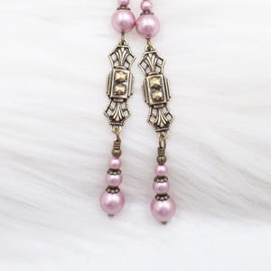 Pink Pearl Art Deco Earrings: Handmade Brass Drop Jewelry