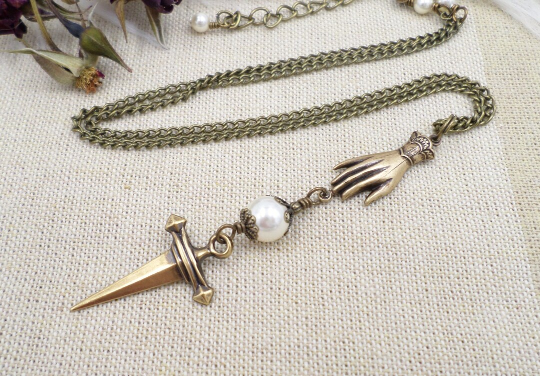 Victorian Hand Necklace, Brass Glove, Dagger Necklace, Curiosities and