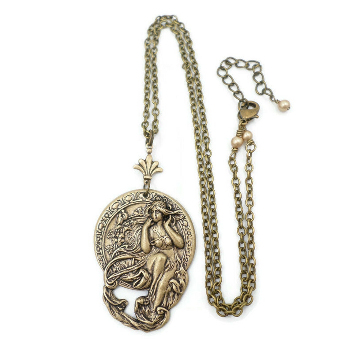 Brass Alphonse Mucha Style Art Nouveau Pendant Necklace Etsy