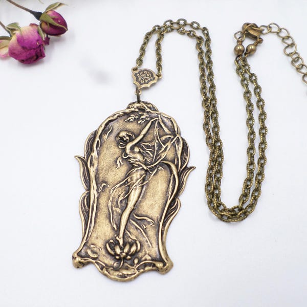 Antique Brass Goddess Necklace: Handmade Art Nouveau Floral Nymph Jewelry