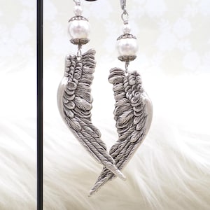 Silver Angel Wing Dangle Earrings: White Pearls, Angelcore Jewelry