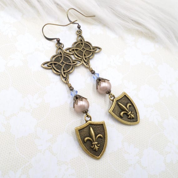 Fleur de Lis French Style Medieval Bronze Celtic Knot Earrings: Handmade Pearl Dangles