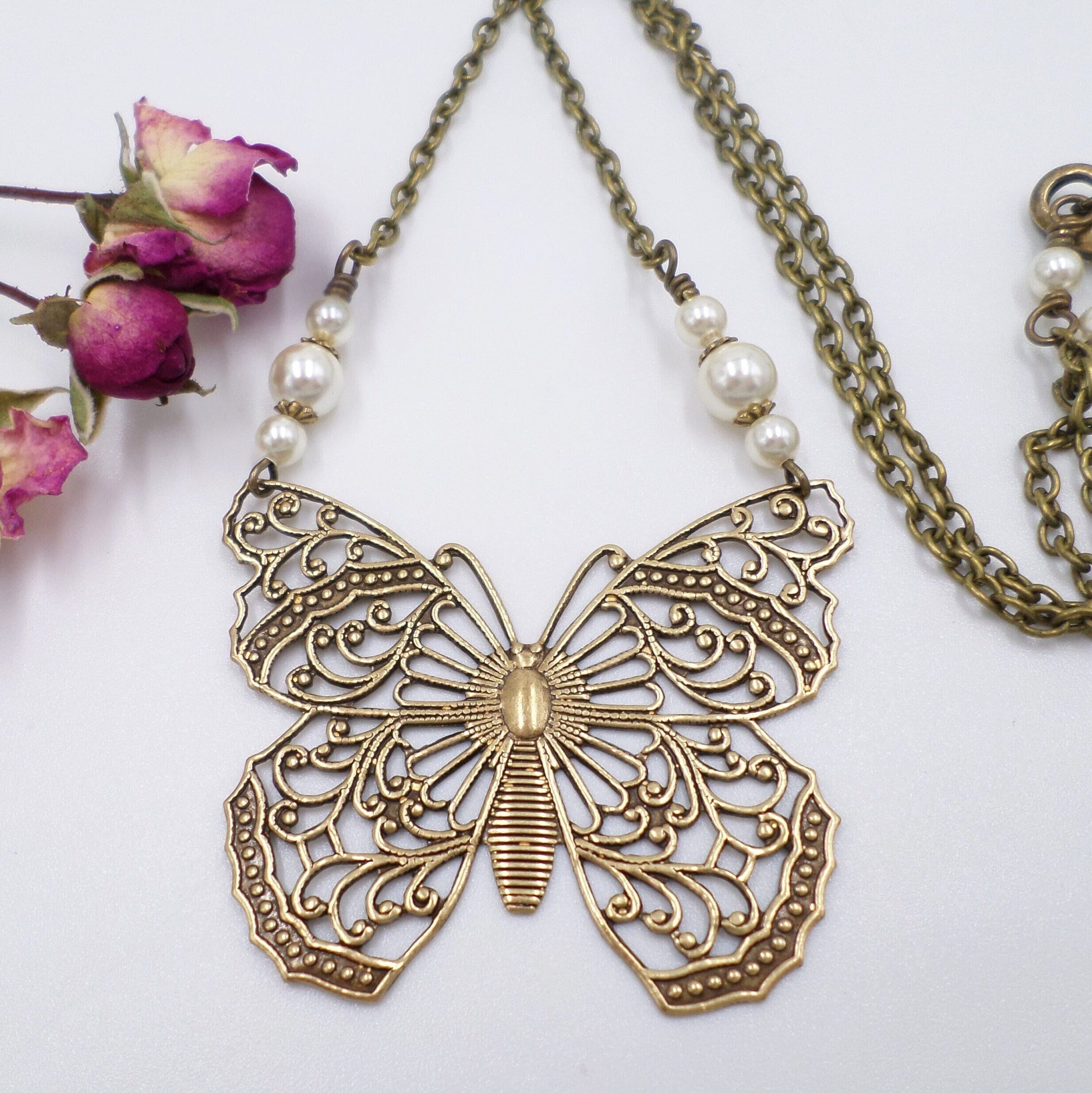 Brass Cottagecore Butterfly Necklace: Cream Pearl Handmade Filigree ...