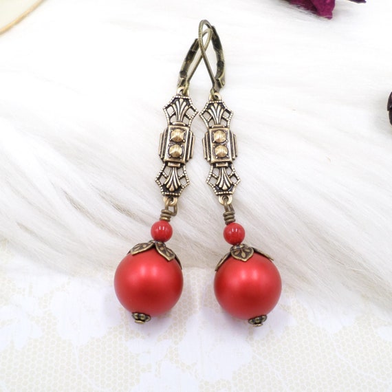 Red Pearl Drop Earrings: Art Deco Brass Dangles, Holiday Jewelry