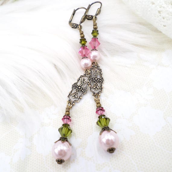 Pink & Green Pearl Crystal Long Dangle Earrings: Handmade Brass Filigree Colorful Jewelry