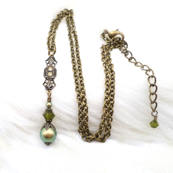 Art Deco Pearl Necklace: Brass, Forest Green Crystal, Handmade