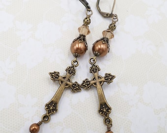 Antique Brass Cross Earrings: Brown Pearl Crystal Gothic Jewelry