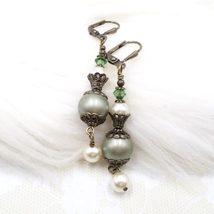 Victorian Style Pearl Earrings: Sage Green Crystal Dangles, Antique Brass