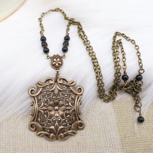 Victorian Brass Filigree Necklace: Black Pearl Renaissance Pendant