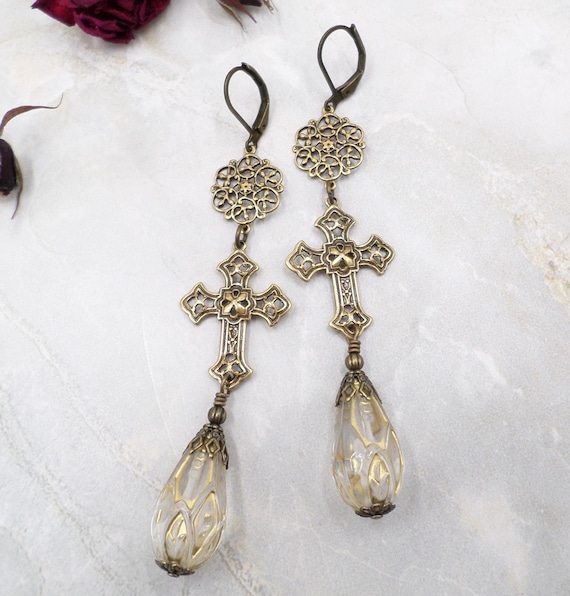 Victorian Goth Brass Filigree Cross Earrings with Acrylic Beads