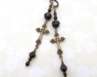 Antique Brass Cross Earrings: Black Pearl & Bronze Crystal, Gothic Jewelry