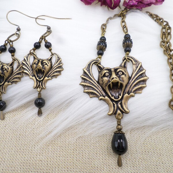 Gargoyle Necklace Earrings SET, Steampunk Jewelry, Medieval Vampire Bat Necklace, Gothic Black Pearl Necklace, Black Pearl Earrings