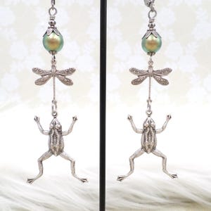 Silver Frog Dragonfly Dangle Earrings: Green Pearl Cottagecore Handmade Unique Jewelry