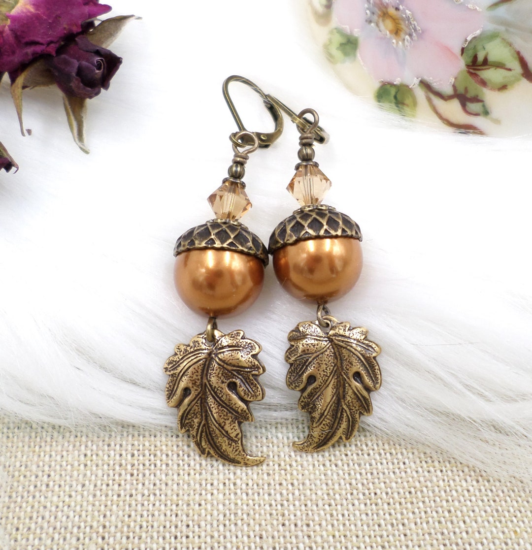 Pearl Acorn Earrings, LARGE Copper Pearl Leaf Dangles, Rustic Boho
