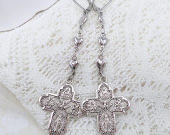 Silver Cross Earrings: Stainless Heart Links Jewelry