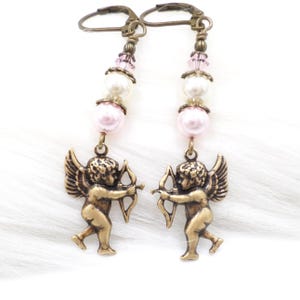 Brass Cherub Angel Earrings: Pink Pearl Romantic Jewelry