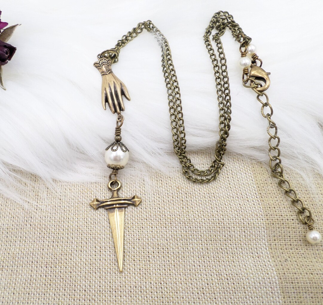 Victorian Hand Necklace, Brass Glove, Dagger Necklace, Curiosities and