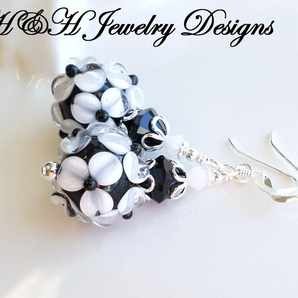 Black and White Floral Lampwork Earrings