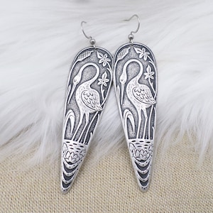 Antique Silver Crane Earrings, Heron Silver Drop Dangle, Large Bird Pendant Jewelry, Art Nouveau Earrings, Bird Lover gift, Mom Present