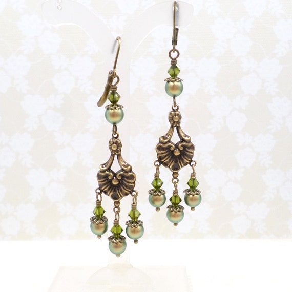 Victorian Style Chandelier Earrings, Antique Brass Green Pearl & Crystal Handmade Jewelry