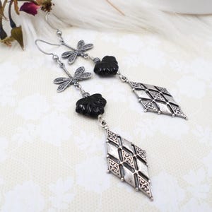 Silver Dragonfly Earrings, Goth Handmade Jewelry, Long Black Flower Metal Dangles, Edgy Unique Different, Gift For Friend, Dark Academia
