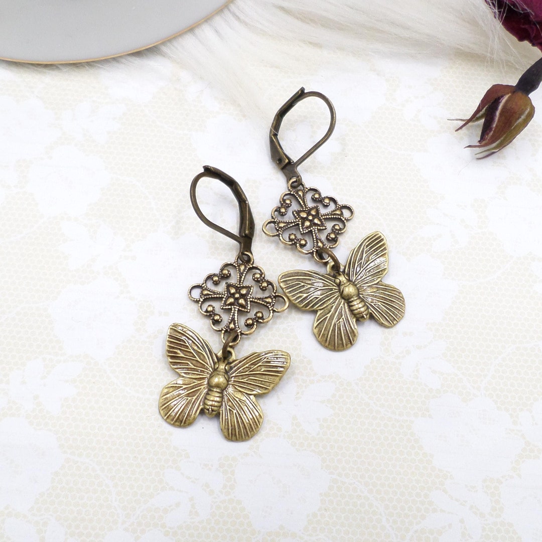 Butterfly Earrings, Cottagecore Aesthetic Jewelry, Brass Filigree ...