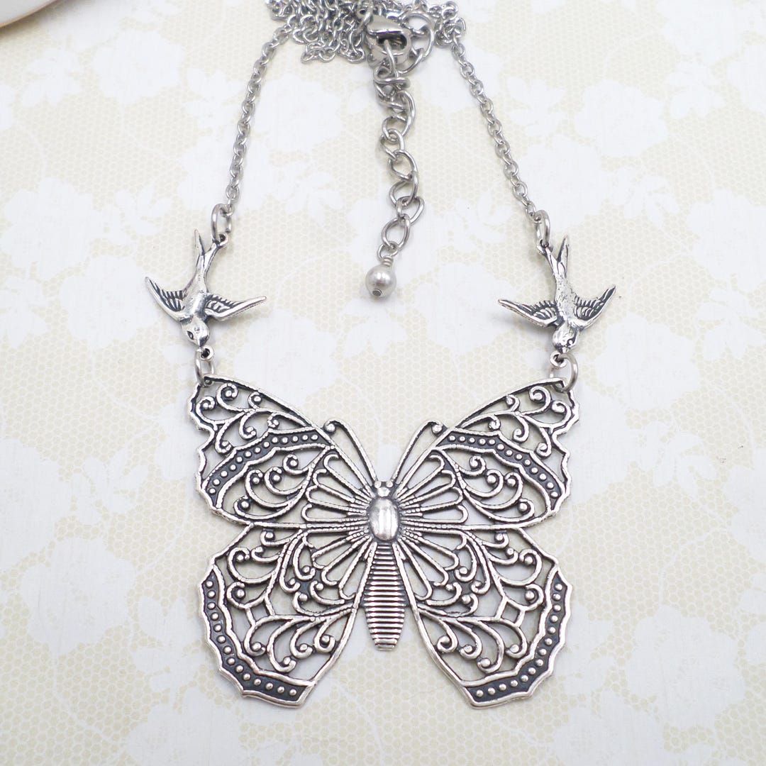 Silver Filigree Butterfly Necklace: Cottagecore Bird Jewelry - Etsy