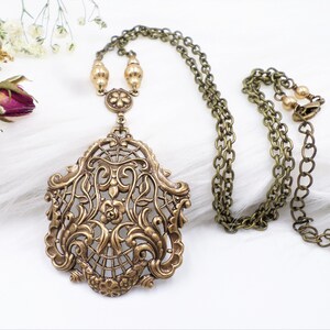 Brass Filigree Pendant Necklace, Gold Pearl Jewelry, Victorian Baroque Style Necklace, Renaissance Ornate Jewelry , Large Filigree