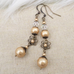 Gold Pearl Drop Earrings: Crystal Brass Filigree, Victorian Bridal Jewelry