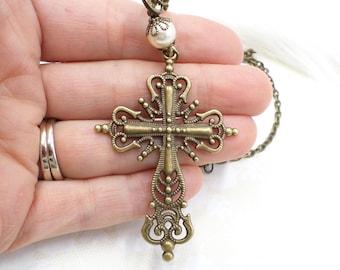 Large Filigree Cross Necklace: Antique Bronze Tone, Cream Pearl, Handmade Victorian Jewelry