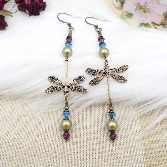Purple and Iridescent Green Crystal Dragonfly Earrings Purple and Iridescent Green Crystal Dragonfly Earrings