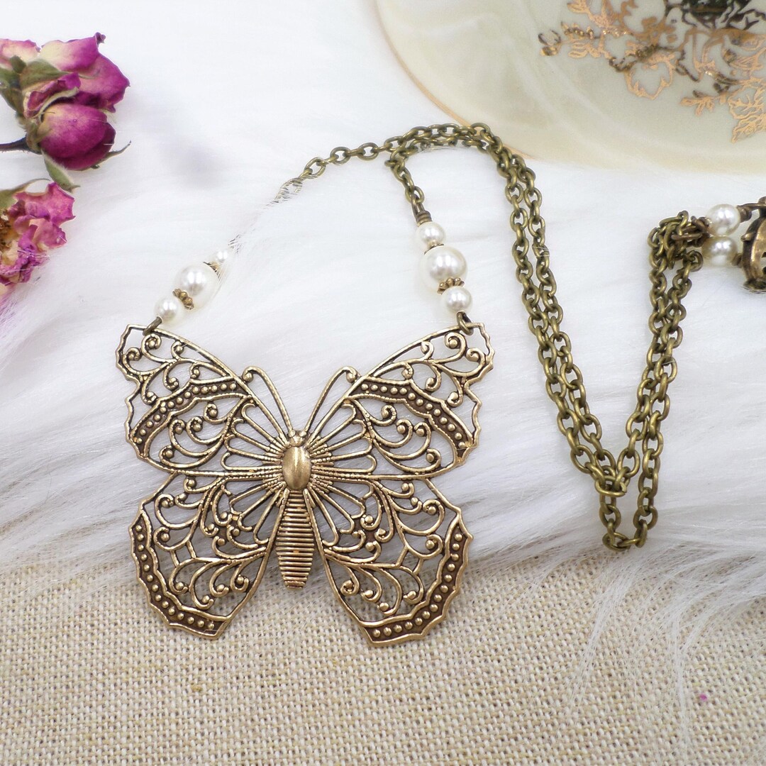 Brass Cottagecore Butterfly Necklace: Cream Pearl Handmade Filigree ...
