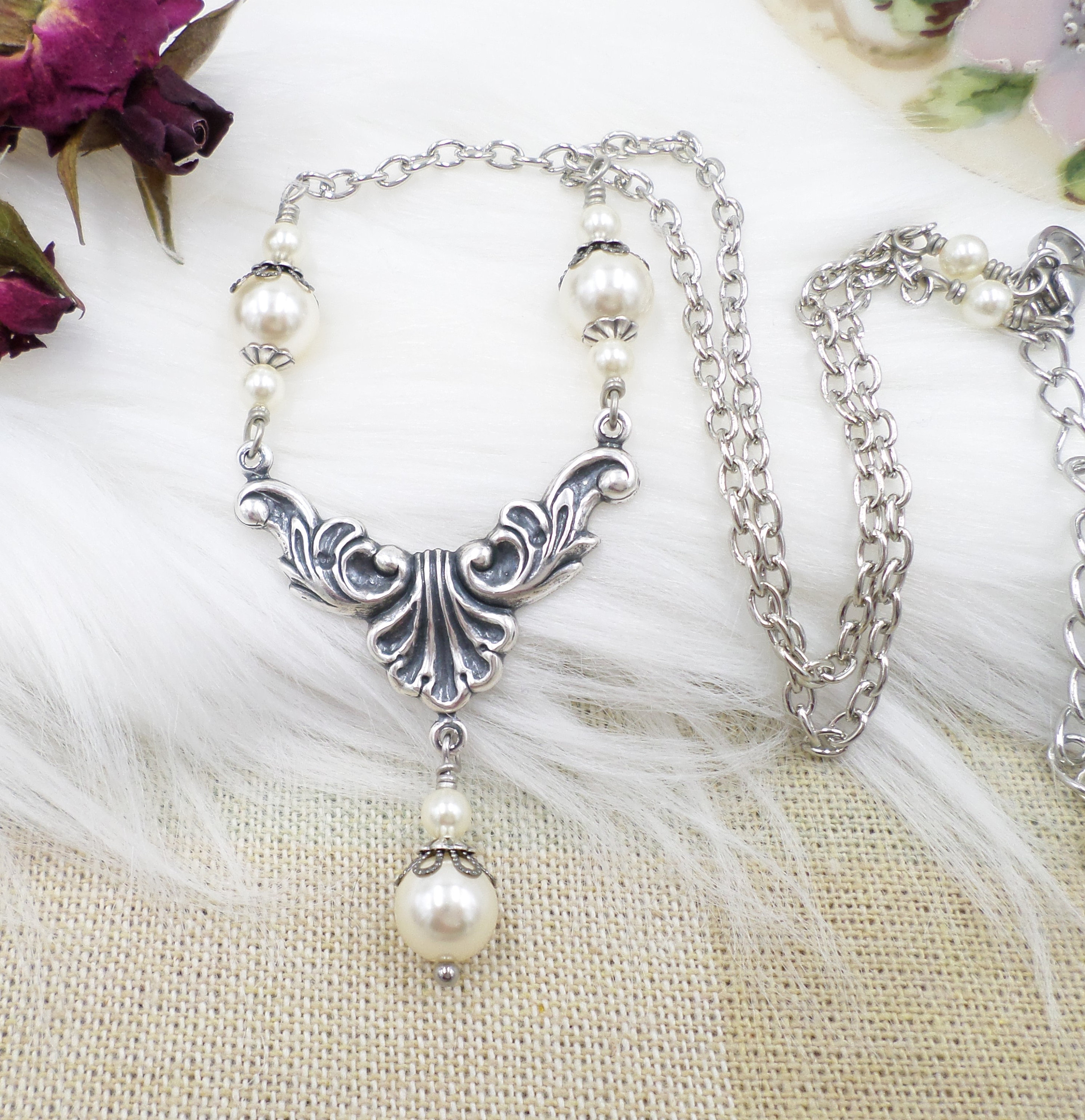 Silver Art Nouveau Necklace, Cream Pearls, Victorian Silver