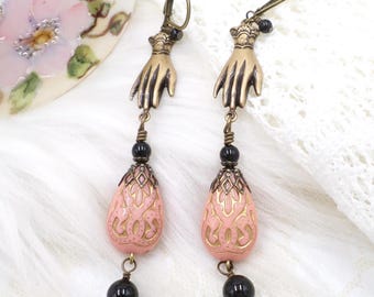 Pink Acrylic Bead Earrings, Victorian Brass Hand Goth Handmade Jewelry