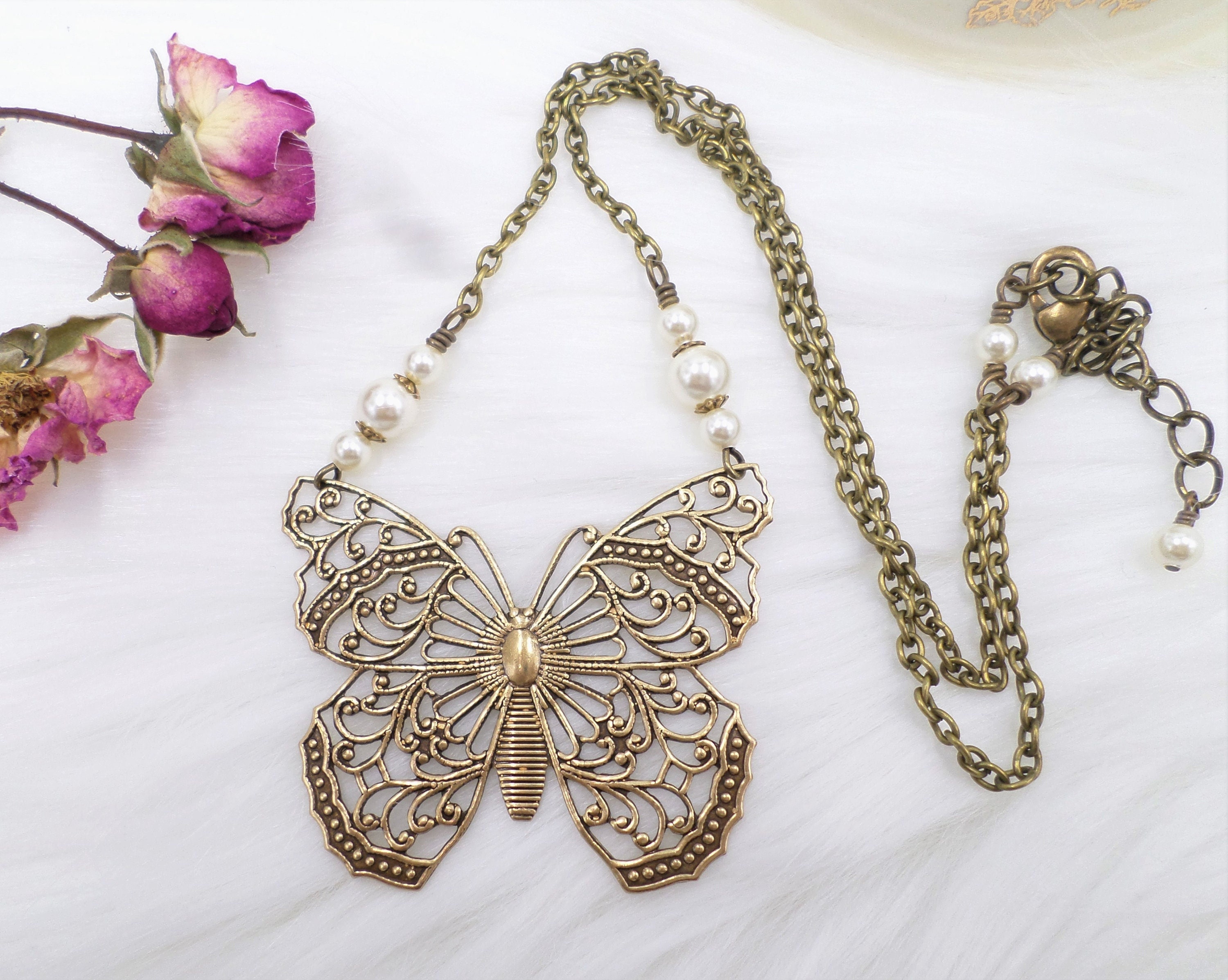 Brass Cottagecore Butterfly Necklace: Cream Pearl Handmade Filigree ...